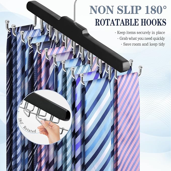 2PC Tie Rack Hanger for Closet Fitnice Upgraded Non Slip Tie Holder Organizer Space Saving with 20 Foldable Hooks Wooden Belt Hanger for Tank Tops Bras Cami Scarves,Black