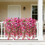 Artificial Hanging Flowers Plants for Outdoor Spring Summer Decoration, 2PCS Faux Silk Morning glory UV Resistant Look Real for Outside Home Indoor Planter Porch Garden Yard Decor(Purple Red Pink)