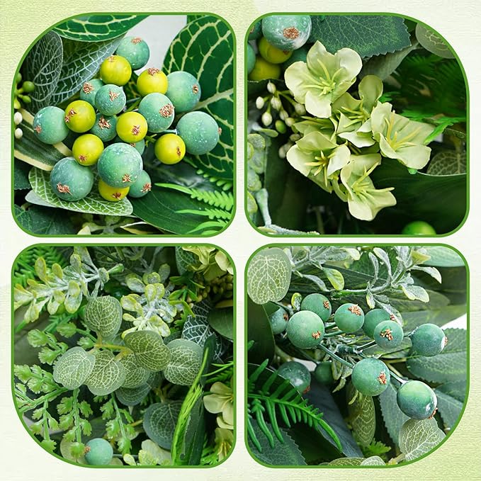 24 Inch Green Wreath for Front Door - Artificial Greenery Wreath with Berries, Indoor Outdoor All Season Year Eucalyptus Wreath for Farmhouse Home Decor, Spring Summer Fall Winter