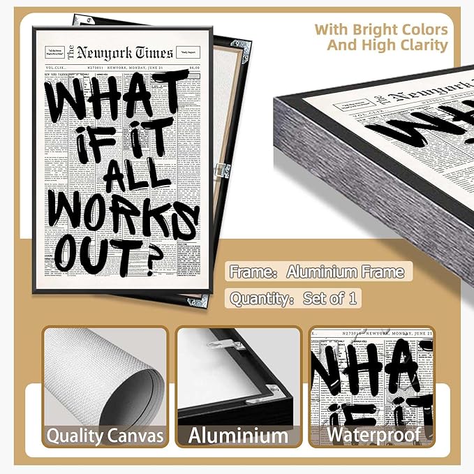 Retro Black And White Newspaper Poster What If It All Works Out Canvas Wall Art Positive Affirming Quote Minimalist Prints Painting For Home Bedroom Dorm Wall Decor 12x18in Framed