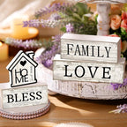 Yuntau 4 Pcs Farmhouse Wooden Tabletop Decor Sweet Home Tiered Tray Decor Rustic Retro Wood Bless Family Love Block Sign Gift Neutral Centerpiece Farmhouse Table Sign for Home Shelf Mantle