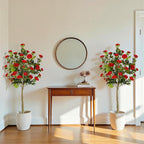 Bellacat 5ft Artificial Camellia Tree with Silk Red Flowers, 60in Faux Camellia Plant with Lifelike Trunk, Fake Flower Tree Potted Front Door Plants for Porch Patio Deck Living Room Decor, 2Pack