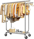 Heavy Duty Stainless Steel Rolling Clothes Rack with Mesh Shelf, Lockable Wheels & Anti-Slip Stoppers, Large Capacity Clothing Organizer for Bedroom, Laundry Room, 43.5" x 16.5" x 65.9", Silver