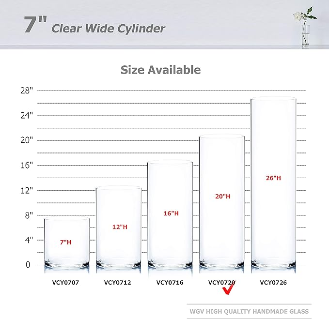 WGV Cylinder Vase Bulk, Width 7", Height 20", Clear Wide Large Diameter Flower Glassware, Floral Container, Planter Terrarium for Wedding Party Event, Home Accent Decor, 4 Pieces