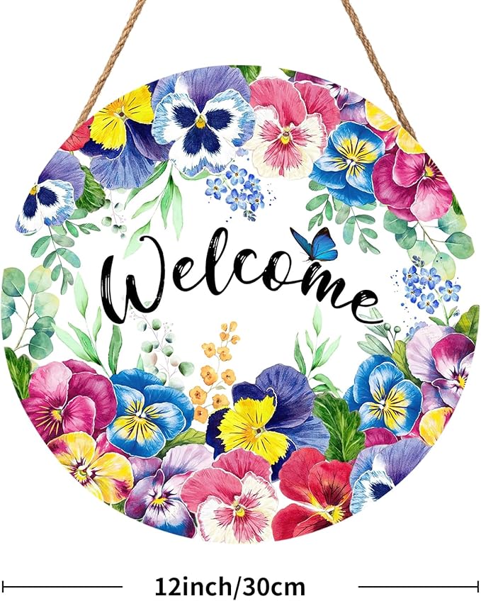 Harooni Welcome Spring Summer Floral Flowers Wreaths Sign for Front Door Decor Farmhouse Spring Wood Door Hanger Rustic Wooden Welcome Spring Hanging Door Wall Sign for Outdoor Outside Porch 12”x12”