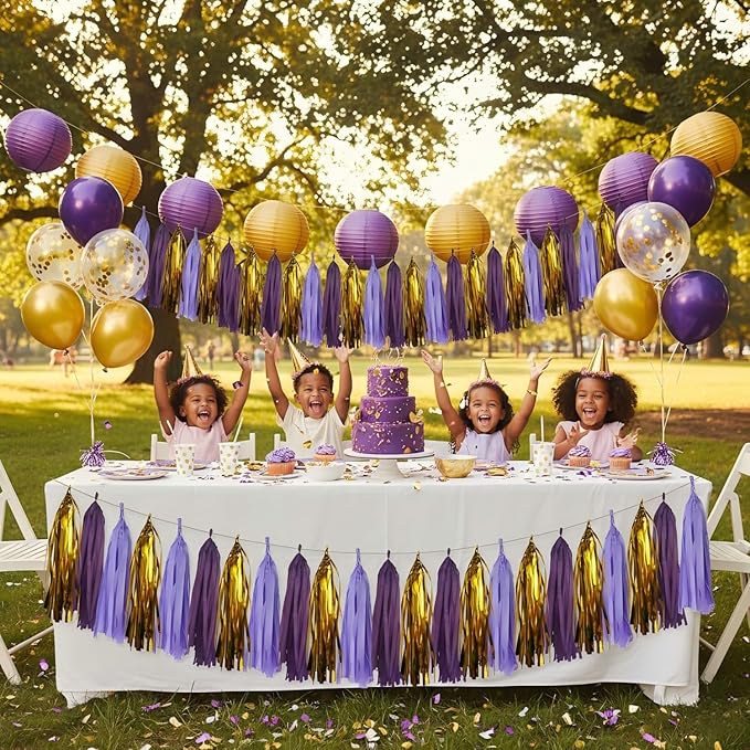 15Pcs Purple and Gold Paper Tassel Garland,Tissue Tassel Banner for Party Decorations