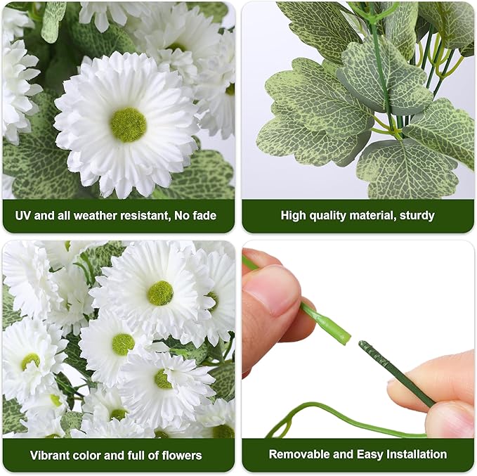 HyeFlora Dahlia Artificial Flowers for Outdoors Spring Summer Decor, 6 Bundles Fake Daisy White Faux Flowers Plants Realistic UV Resistant Silk Flowers for Outside Planter Front Door Yard Garden Home