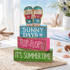 Lineshading 4 Pcs Summer Table Decorations Wooden Flip-flop Stacked Block Decor, "Sunny Days It's Summertime" Signs with Beach Sandal Topper, Rustic Coastal Tiered Tray Decoration for Home Coffee Bar