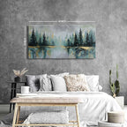 Green Forest Wall Art Vintage Fog Pine Trees Landscape Wall Decor Nature Green and Gold Forest Lake Scenery Canvas Prints Pictures Farmhouse Artwork Kitchen Living Room Home Decorations 29.53x57.87"