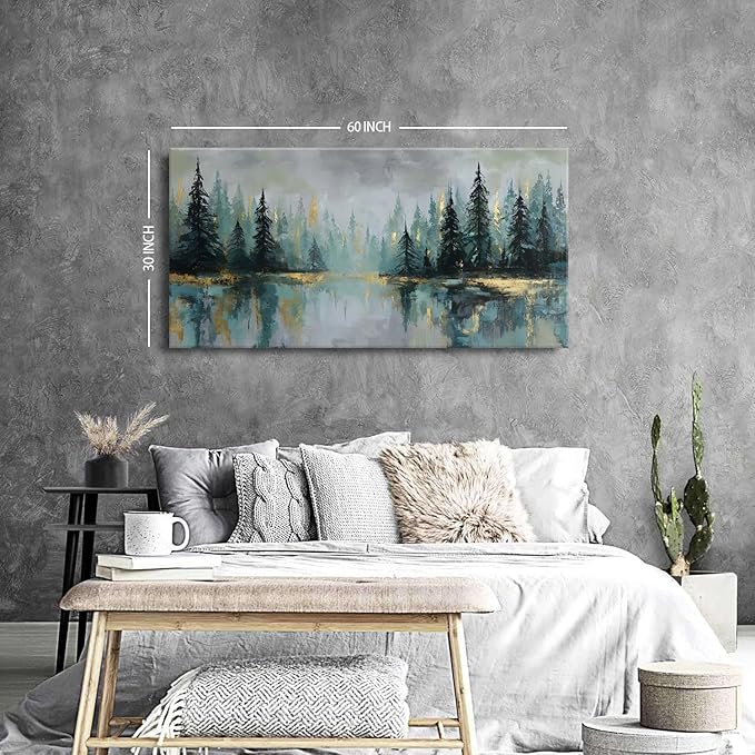 Green Forest Wall Art Vintage Fog Pine Trees Landscape Wall Decor Nature Green and Gold Forest Lake Scenery Canvas Prints Pictures Farmhouse Artwork Kitchen Living Room Home Decorations 29.53x57.87"