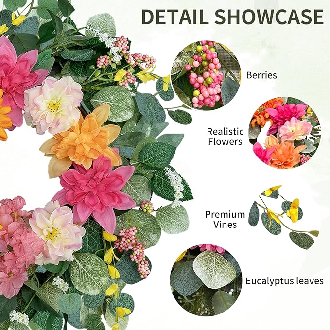 Spring Wreaths for Front Door 24 Inch,Outdoor Front Door Wreath with Florals Peony & Rose, Artificial Spring Summer Wreath for Porch Garden Wall Window Farmhouse Indoor Outdoor Home Decor