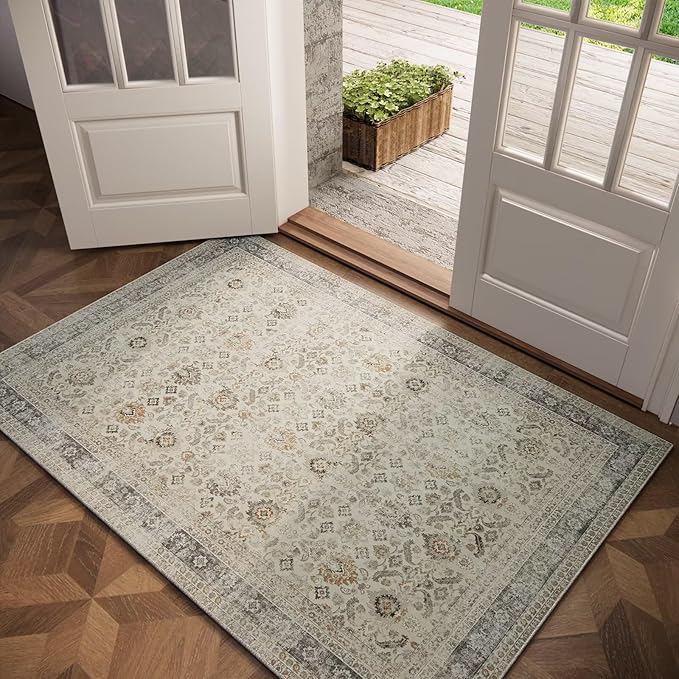Washable 2x3 Entryway Rug, Boho Non-Slip Door Mat Vintage Distress Small Rugs for Kitchen Nursery Office Bedroom, 0.3" Neutral Oriental Throw Carpet with Cushioning Pad,Grey/Beige/Orange/Multi