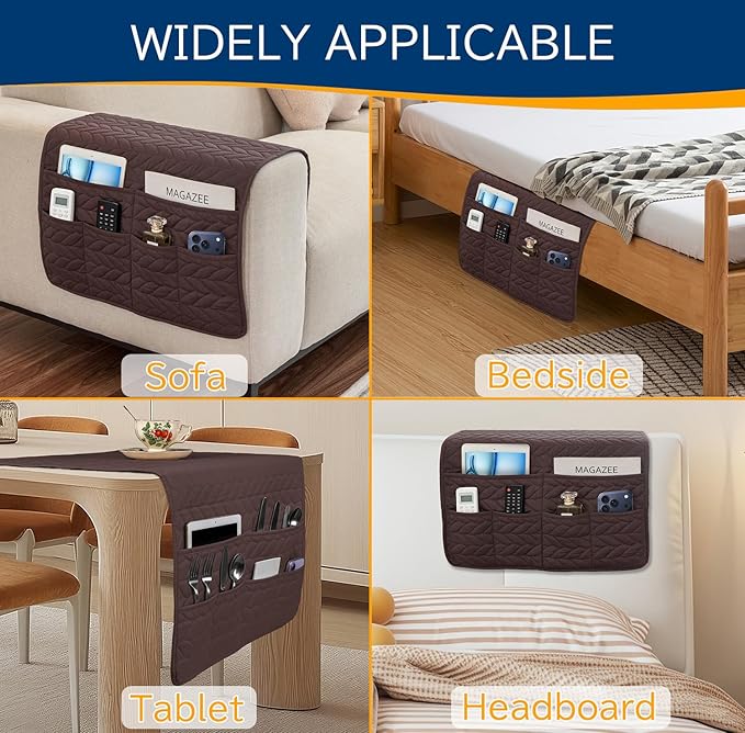Remote Control Holder for Armchair, Couch Caddy Organizer TV Remote Holder for Recliner Couch With 6 Pockets, Non-Slip Arm Chair Caddy Bedside Table Organizer for Magazine, Tablet, Phone, iPad (Brown)