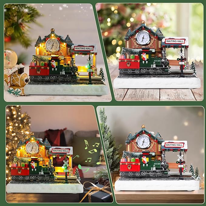 WONDER GARDEN Christmas Village Houses-Christmas Houses Village - Lighted Musical Railway Station Collectible Buildings with Moving Train for Home Indoor Decor or Gift