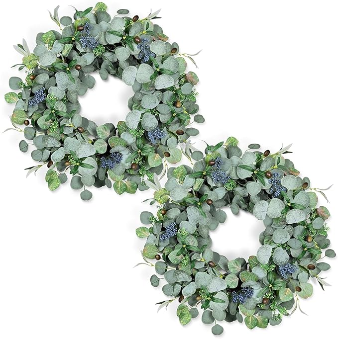 24Inch Eucalyptus Wreath Set of 2, Large Eucalyptus Wreath for Front Door with Olive Leaves and Berries for All Seasons, Spring Summer Year Round Wreaths for Front Door Indoor Outdoor
