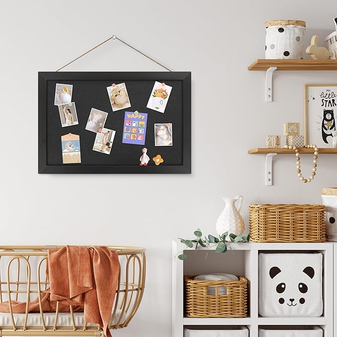 AKTOP Black Cork Board with Linen 16.7" X 11", Small Framed Bulletin Board for Wall, Hanging Pin Board Picture Board for Home Office Decor, Cute Vision Board with 8 Pushpins