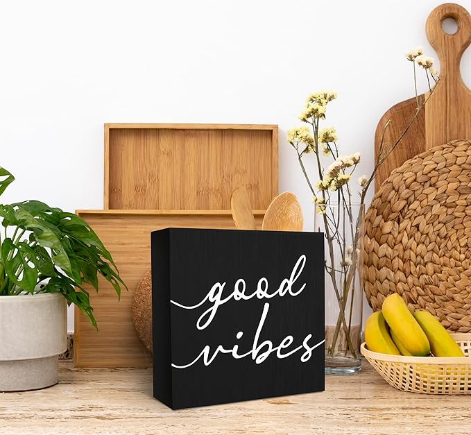 SRADMO Black and White Wood Box Sign Desk Decor 6x6, Inspirational Desk Decor Wooden Block Box Sign For Home Office Shelf Table Decoration (Black)