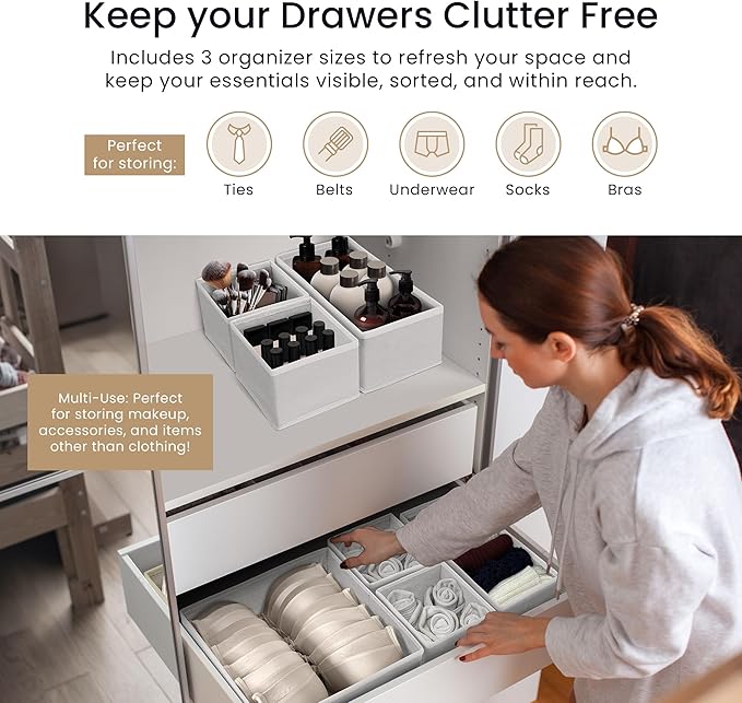Reli. Dresser Organizer (14 Pack) | Drawer Organizer Clothes | Nursery Organization & Baby Clothes Organization for Drawer | Foldable Fabric Dresser Dividers for Bra, Nursery, Underwear, Socks (White)