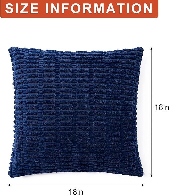 Aegero Pack of 2 Corduroy Decorative Throw Pillow Covers 18x18 InchSoft Boho Striped Pillow Covers Modern Farmhouse Home Decor for Sofa Living Room Couch Bed（Blue）