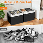 Shoe Organizer for Closet - 2 Packs Hold up to 32 Pairs, Large Shoe Storage Organizer Containers with Adjustable Dividers, Clear Cover, Leather Handles for Heels, Boots, Sneakers (Black)