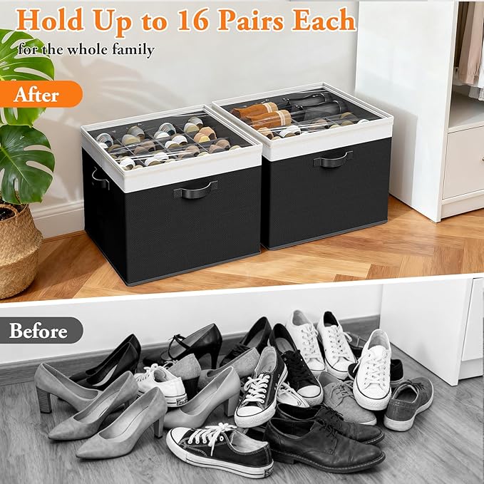 Shoe Organizer for Closet - 2 Packs Hold up to 32 Pairs, Large Shoe Storage Organizer Containers with Adjustable Dividers, Clear Cover, Leather Handles for Heels, Boots, Sneakers (Black)