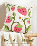 Embroidered Throw Pillow Cover 18x18 Inch - Spring Summer Boho Decorative Pillow Cover with Zipper for Living Room Couch Sofa Bed Aesthetic Design Branch Strawberry Cushion Pillowcase