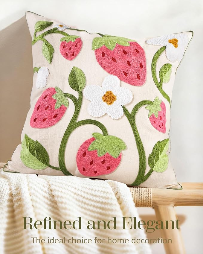Embroidered Throw Pillow Cover 18x18 Inch - Spring Summer Boho Decorative Pillow Cover with Zipper for Living Room Couch Sofa Bed Aesthetic Design Branch Strawberry Cushion Pillowcase
