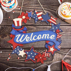 4th of July Decorations Wooden Welcome Sign, Wooden American Flag Star Wreath, Outdoor Wall Hanging for Front Porch, Veterans Day Home Decor (4th of July)