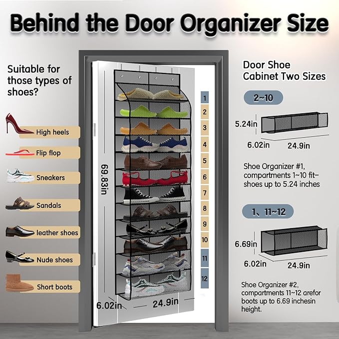 Over The Door Shoe Organizer with 12 Large Breathable Pockets - Durable Hanging Storage for the Entire Family's Shoes (Gray)