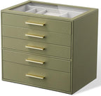 Jewelry Box Organizer Case for Women: 5-Layer Jewelry Storage Case with Glass Window, Olive Green Leather with Cream Velvet, Holder for Ring Necklace Bracelet Brooch Watch, Great Gift for Her