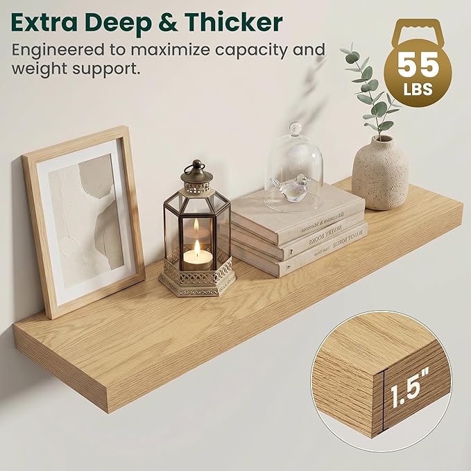 Floating Shelves for Wall 40 in x 9.3 in Deep, Wall Mounted Rustic Wood Shelf with Invisible Brackets for Storage & Display, Living Room Bedroom Bathroom, Oak, 2 Pack