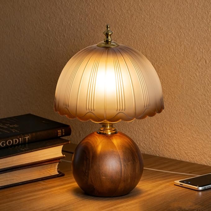 11.8" Decorative Wooden Table Lamp with Frosted Glass Shade, Dimmable Bedside Nightstand Lamp with E26 Socket & 6ft Cord, Small Accent Lamp for Bedroom & Living Room (Gradient)