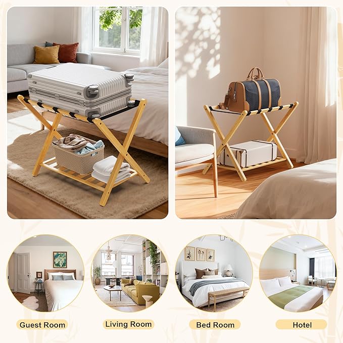Luggage Racks Set of 2, Bamboo 26.77" Luggage Rack Stand for Guest Room, 5 Nylon Straps, Foldable Suitcase Stand with Storage Shelf for Bedroom Hotel, Holds up to 165 Lbs