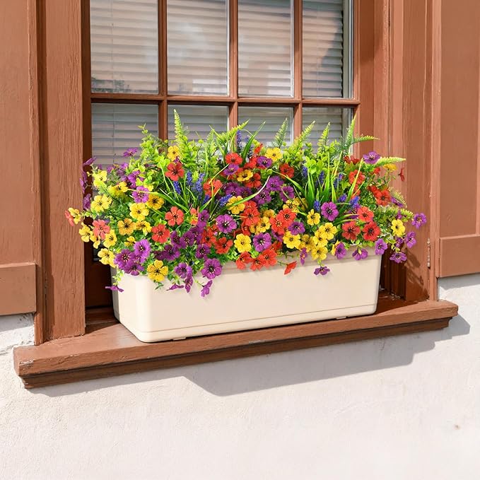 Homsunny Artificial Fake Flowers Plants Outdoors Spring Decor, Faux Flowers Silk Daisy Eucalyptus Plants UV Resisitant for Outside Planter Pot Front Porch Garden Patio Decoration(12 Bundles)