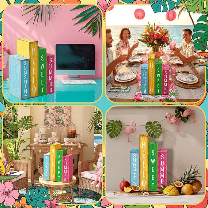 Lineshading 4 Pcs Summer Table Decoration Wooden Book Hawaii Beach Decoration Blue Yellow and Red Summer Tiered Tray Decor Wood Book Sign Farmhouse for Hawaii Party Home Shelf Coffee Table