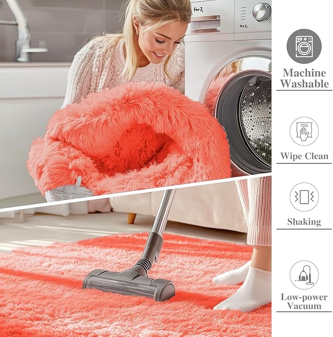 OLANLY 2x4 Machine Washable Runner Rugs for Hallway, Soft Fluffy Shaggy Bedside Rugs for Bedroom, Living Room, Indoor Floor Carpet for Kids Girls and Boys, Home Decor Aesthetic, Coral Red