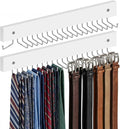 2 Pcs Tie Rack Wall Mounted, Wooden Tie Belt Organizer with 20 Hooks Non Slip 180 Degree Space Saving Hangers with Screws for Ties, Keys, Scarves, Tops, Belt, Bags (White)