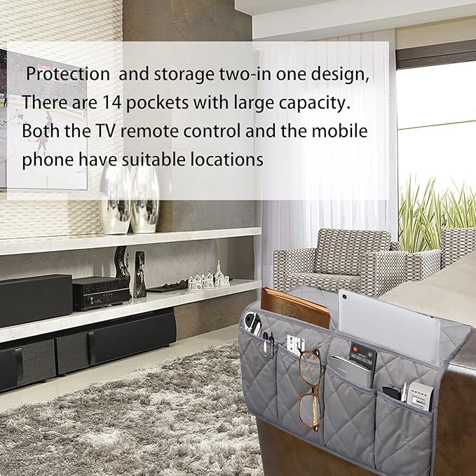 Armchair Caddy, Sofa Armrest Organizer with 14 Pockets, Waterproof Non Slip Recliner Remote Control Holder, Couch Chair Arm Storage for TV Remotes, Phone, iPad, Magazine, Books