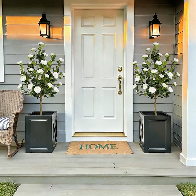 Bellacat 5ft Artificial Camellia Tree with Silk White Flowers, 60in Faux Camellia Plant with Lifelike Trunk, Fake Flower Tree Potted Front Door Plants for Porch Patio Deck Living Room Decor, 2Pack