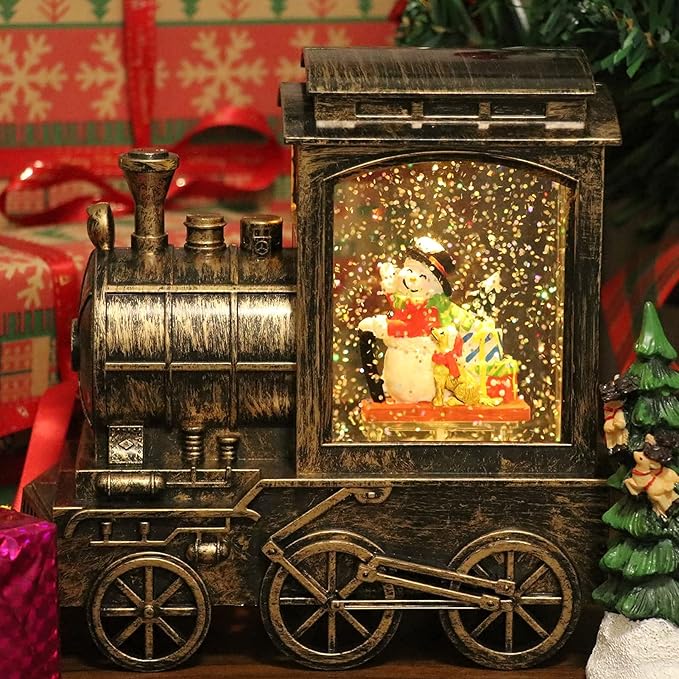 Music Snow Globe Train Lantern with Music and Timer, Battery Operated and USB Cable Snowman Lighted Snow Globe Spinning Water Glitter (Bronze, USB Included)