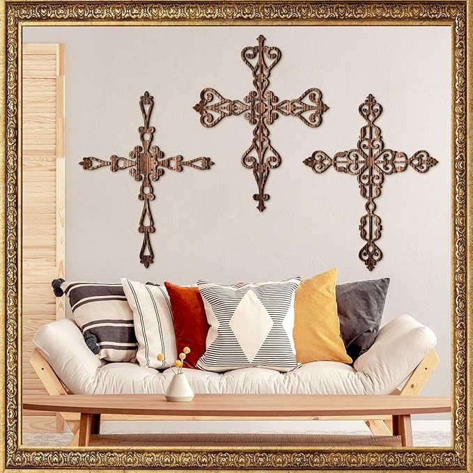 Soaoo 6 Pcs Wooden Wall Hanging Cross - Religious Antique Wall Decor Hand Carved for Home, Living Room - Catholic Crucifix, 12 x 8 Inch (Wood Color)