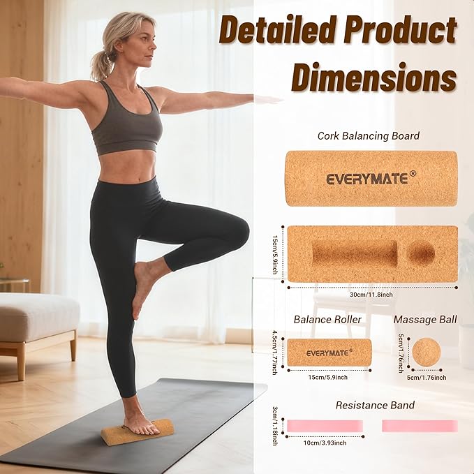 EVERYMATE 4-in-1 Cork Balance Board Kit, Foot & Ankle Strengthener with Massage Roller/Ball, Toe Resistance Bands, Storage Bag, for Enhance Mobility & Prevent Falls Improve Foot Function for Home/Office/Gym