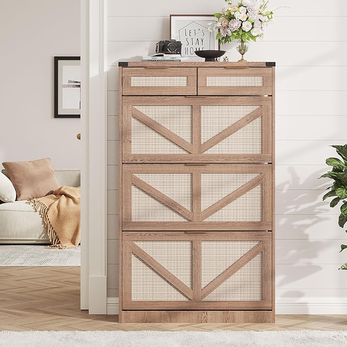 Shoe Cabinet with 3 Flip Drawers & 2 Drawers,Freestanding Shoe Storage Cabinet for Entryway,Farmhouse Narrow Slim Organizer Rack for Foyer,Hallway,Rustic Oak Rattan