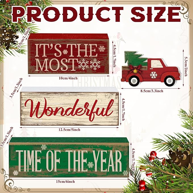 Moucuny 4 Pcs Christmas Decor Wooden Red Truck Winter Tiered Tray Decor Rustic Merry Christmas Table Centerpiece Wood Red Truck Block Sign Gift Farmhouse for Home Kitchen Tabletop Office Shelf