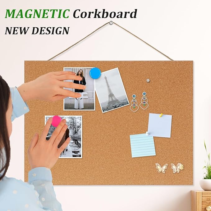 DOLLAR BOSS Magnetic Cork Board, 16" x 12" Small Cork Bulletin Board 0.7" Thick Frameless Corkboards for Walls Pin Notice Board with 8 Magnets 10 Pushpins for Home Office Kitchen School Decor Display