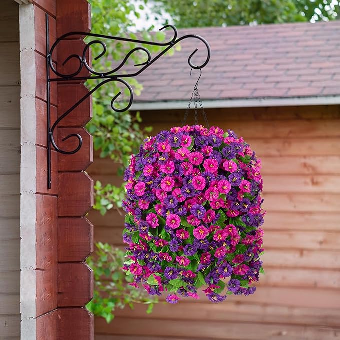 Artificial Fake Hanging Flowers Basket for Spring Decor, Faux Silk Flower in Planter for Summer, Outdoor Artificial Floral for Home Porch Yard(Purple-red Deep Purple)