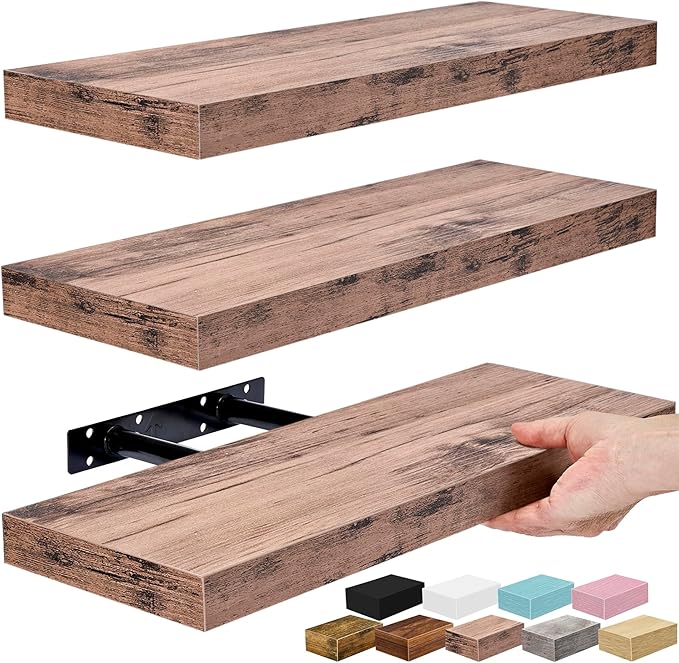 Sorbus Floating Shelves for Wall – 16 Inch Floating Shelf for Kitchen, Bedroom, Living Room, Bathroom, Home & Wall Decor - Mounted Bathroom Shelves with Invisible Brackets (Mahogany, 3 Pack)