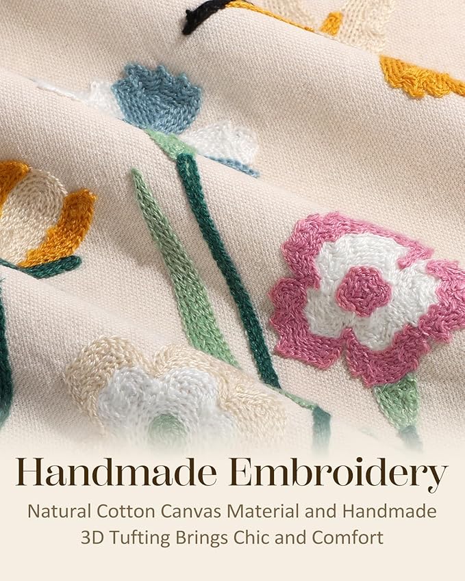 Embroidered Throw Pillow Cover 18x18 Inch - Spring Summer Boho Decorative Pillow Cover with Zipper for Living Room Couch Sofa Bed Aesthetic Design Flower Bird Cushion Pillowcase