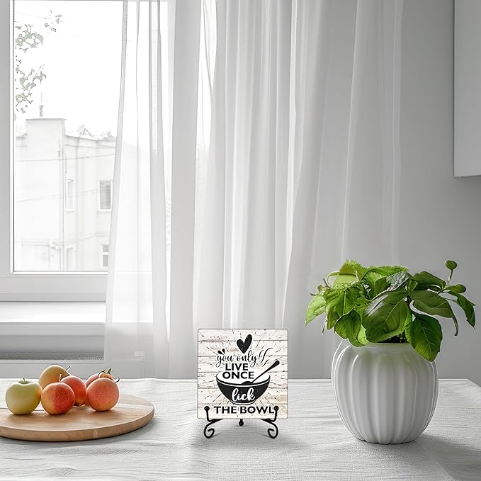Kitchen Counter Decor, Life Is Short Lick The Bowl Sign, Funny Farmhouse Kitchen Wooden Plaque with Iron Stand for Dinning Room Desk Shelf Display-A11