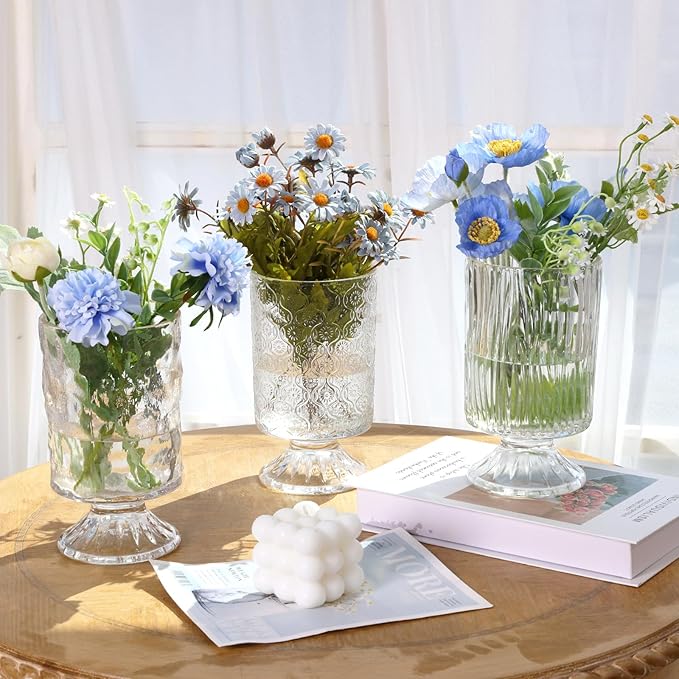 Fixwal Vases for Flowers Set of 3 Vintage Glass Vase for Centerpieces, Embossed Base Vases for Wedding Decoration (H:7" D:4"), Ribbed Glass Containers for Organization for Home Decor